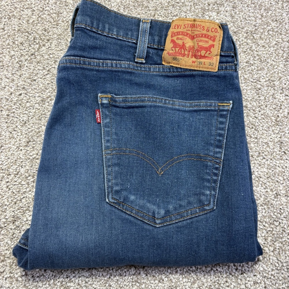 Levis 505 Jeans Mens 38x32 Blue Medium Wash Regular Straight Denim Distressed